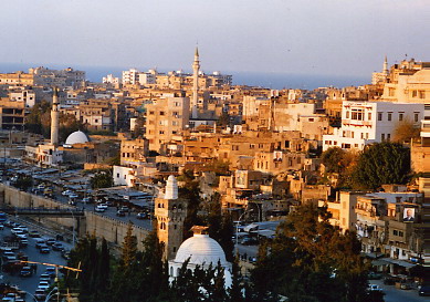 Вид на Триполи из цитадели. Мечети, минареты, дома и море в лучах закатного солнца